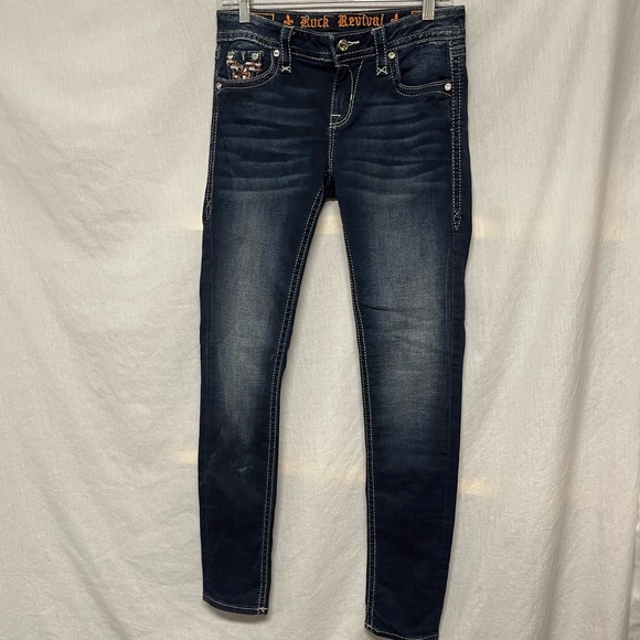 Rock Revival Jeans Nicci Mid Rise Skinny Stretch Denim Rhinestones Studs Blue 27 - Picture 4 of 16